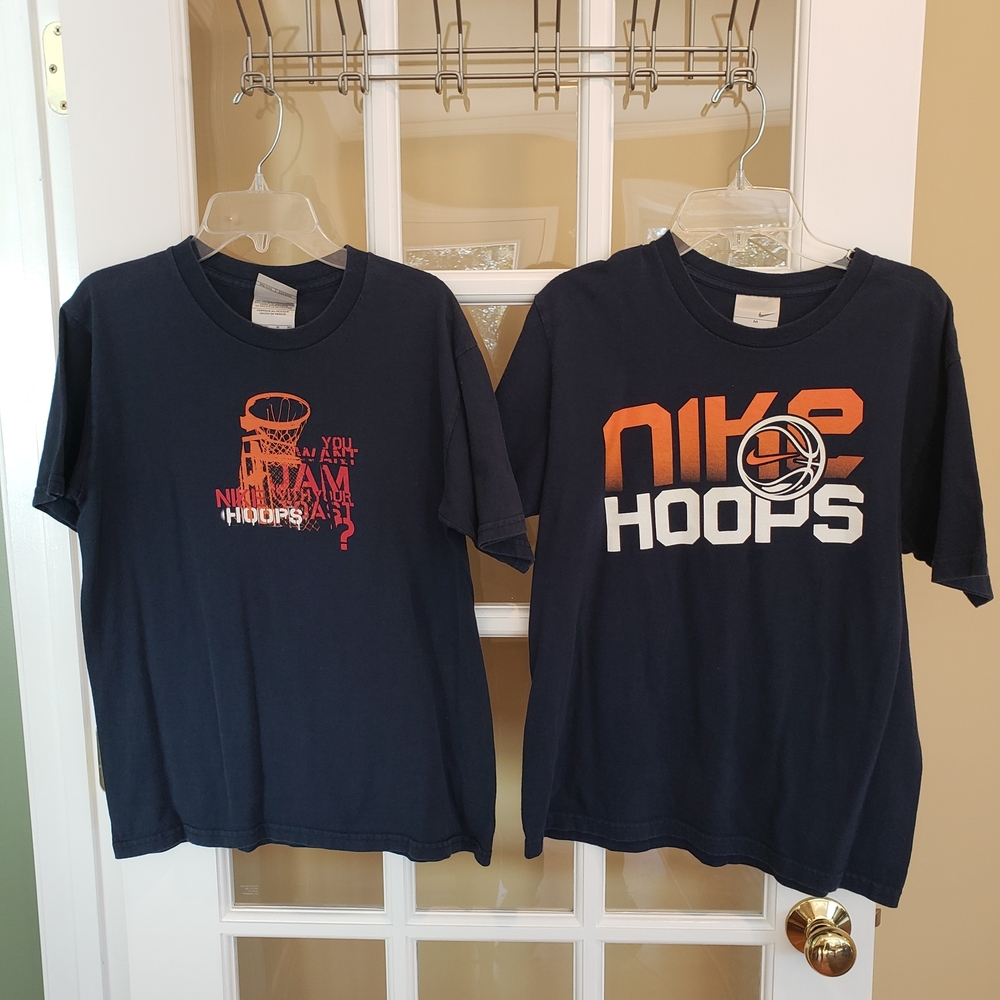 2-Nike "Hoops" Graphic Tees- Navy and Orange- Size: M (10-12)